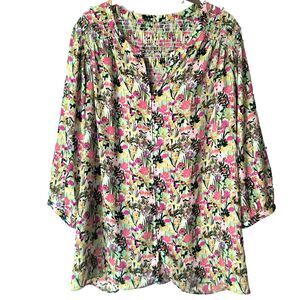 Rose & Olive Top 2X* Floral Blouse 3/4 Sleeve Cottagecore Smocking Buttons